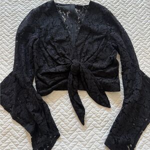 Olivaceous Black Lace Tie-Front Blouse